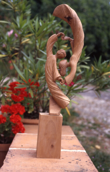 Sculptuur getiteld "Duo d'Anges" door Michel Ferre, Origineel Kunstwerk, Hout