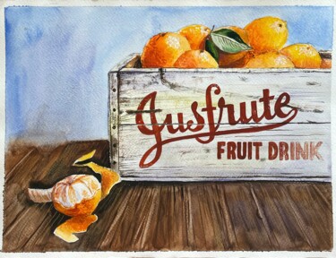 Painting titled "Mandarines box" by Sasha Solomon, Original Artwork, Watercolor