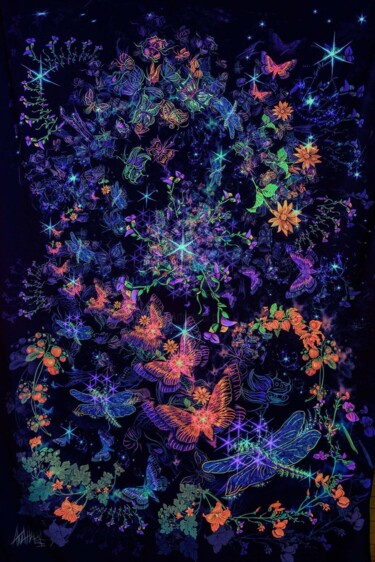 Dance of Butterfly Fluorescent art Abstract tapestry Decor Digital Arts titled "Dance of Butterfly…" by Alex Anahart, Original Artwork, Fabric