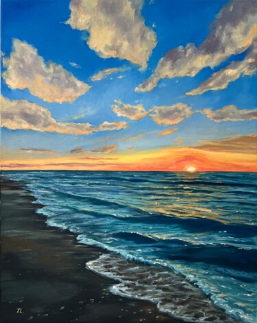 Sunset at the sea Painting titled "Sunset at the sea" by Tanya Lotsmanova, Original Artwork, Oil Mounted on Wood Stretcher frame
