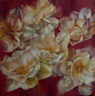 Painting titled "Flowers" by Barbara Ābeltiņa, Original Artwork, Oil Mounted on Wood Stretcher frame