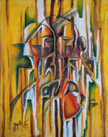 「Marrage Life」というタイトルの絵画 Jagath Wickramarachchiによって, オリジナルのアートワーク, オイル ウッドパネルにマウント