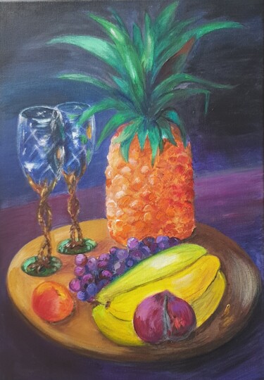 Painting titled "Pineapple Still Life" by Natalia Sharoni, Original Artwork, Acrylic Mounted on Wood Stretcher frame