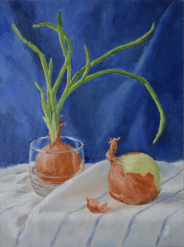 绘画 标题为“Onions on blue 2” 由Yulia Ivanova, 原创艺术品, 油