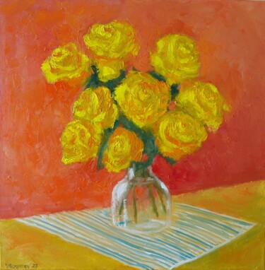Painting titled "Golden Roses" by Juri Semjonov, Original Artwork, Oil Mounted on Wood Stretcher frame