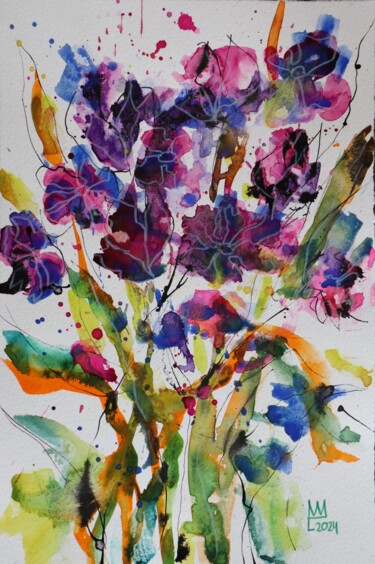 Expressive Blumen in Lila Pittura intitolato "Expressive Blumen i…" da Ludmilla Wingelmaier, Opera d'arte originale, Acquarello