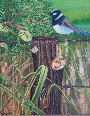 Un oiseau posé sur un fil barbelé Peinture intitulée "Un oiseau posé sur…" par Nathalie Choury, Œuvre d'art originale, Huile Monté sur Châssis en bois