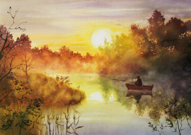 Foggy Serenity - Misty Sunrise on the Lake – Lone Fisherman Painting titled "Foggy Serenity - Mi…" by Olga Beliaeva, Original Artwork, Watercolor