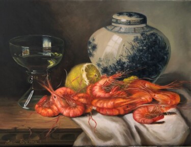 Натюрморт с китайской вазой и креветками Peinture intitulée "Натюрморт с китайск…" par Tatiana Rykova (Rosa), Œuvre d'art originale, Huile
