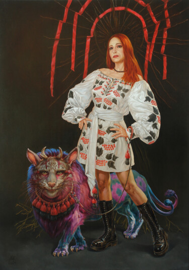 Portrait of a woman with a fantastic beast 绘画 标题为“Portrait of a woman…” 由Andrii Zhukov, 原创艺术品, 油