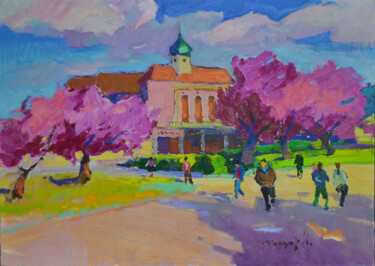 「City in Cherry Blos…」というタイトルの絵画 Alexander Shandorによって, オリジナルのアートワーク, オイル