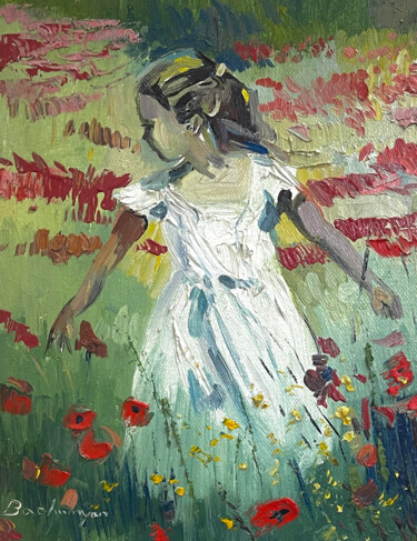 Little Girl in Poppies Field Painting titled "Little Girl in Popp…" by Vahe Bagumyan, Original Artwork, Oil Mounted on Wood Stretcher frame