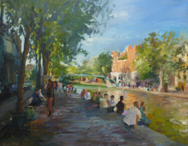 Schilderij getiteld "Canal Saint Martin" door Manuel Leonardi, Origineel Kunstwerk, Olie