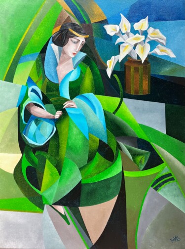 Painting titled "Pani w zieleni" by Izabela Bajda, Original Artwork, Acrylic Mounted on Wood Stretcher frame