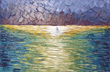 A lonely sailboat before a storm Painting titled "A lonely sailboat b…" by Sergei Gontarovskii (Serhii Hontarovskyi), Original Artwork, Oil Mounted on Wood S…