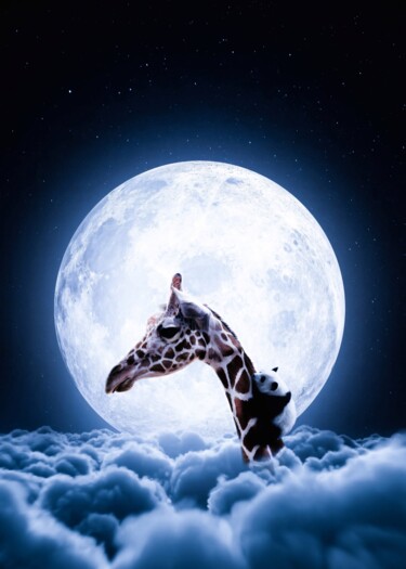 Girafe et un bébé panda au-dessus des nuages devant la lune 数字艺术 标题为“Girafe et un bébé p…” 由Rigaud Mickaël (Gen Z), 原创艺术品, 数字拼贴