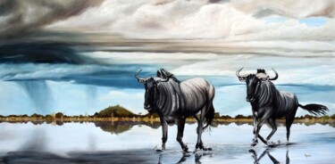 绘画 标题为“Blue Wildebeest” 由Mandie, 原创艺术品, 油 安装在木板上