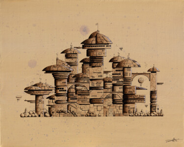 Painting titled "Monochropolis 1" by Pascal Genevois, Original Artwork, Acrylic Mounted on Wood Stretcher frame