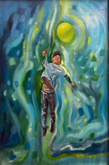 The boy with a green balloon Painting titled "The boy with a gree…" by Aliya Shagieva, Original Artwork, Oil Mounted on Wood Stretcher frame