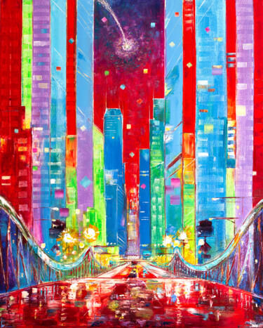 Chicago. Star Over The Bridge. Make a Wish Картина под названием "Chicago. Star Over…" - Natalia Shchipakina, Подлинное произведение искусства, Масло Установлен на Дер…