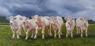 绘画 标题为“Les 6 vaches Charol…” 由Josseline Haye-Bevin, 原创艺术品, 油 安装在木质担架架上