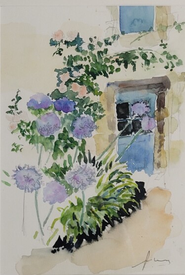 Agapanthes et roses Peinture intitulée "Agapanthes et roses" par Yves Le Brun, Œuvre d'art originale, Aquarelle
