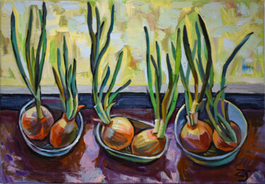 Peinture intitulée "green onion," par Zora, Œuvre d'art originale, Huile Monté sur Châssis en bois