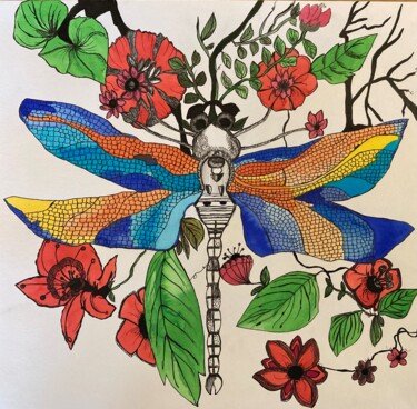 Malerei mit dem Titel "Libellule" von Cha.Albrt, Original-Kunstwerk, Tinte