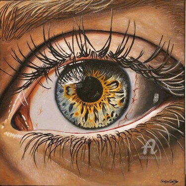 Painting titled "Olhar da Alma" by Sofia Costa, Original Artwork, Oil Mounted on Wood Stretcher frame