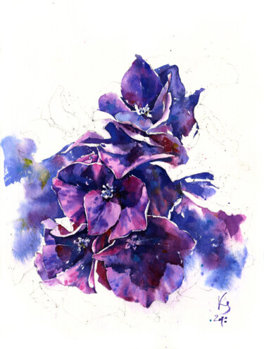 "Dark Purple Hydrangea" watercolour floral artwork 绘画 标题为“"Dark Purple Hydran…” 由Ksenia Selianko, 原创艺术品, 水彩