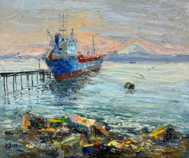 Seroglazka Bay in April Malerei mit dem Titel "Seroglazka Bay in A…" von Evgeniya Polyudova, Original-Kunstwerk, Öl Auf Keilrahmen aus Holz montiert