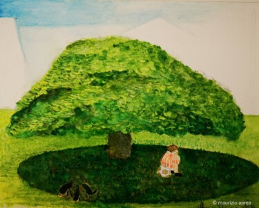 bambino e tre corvi (sotto il catalpa) Pittura intitolato "bambino e tre corvi…" da Maurizio Aprea, Opera d'arte originale, Acquarello