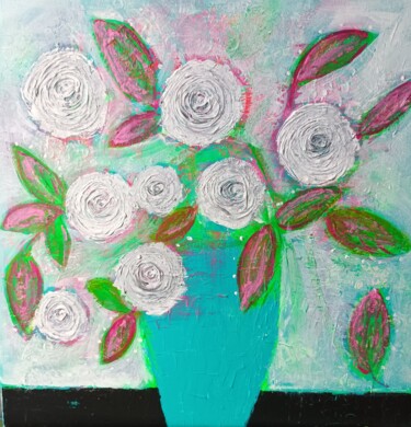 Ζωγραφική με τίτλο "Flowers" από Vibeke Lerkenfeldt, Αυθεντικά έργα τέχνης, Ακρυλικό Τοποθετήθηκε στο Ξύλινο φορείο σκελετό