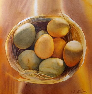 Schilderij getiteld "Eggs in a Bowl" door Olga Brink Art, Origineel Kunstwerk, Aquarel