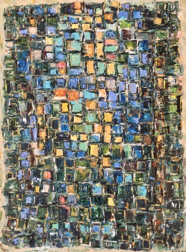 Abstract Colorful Squares Impasto Oil Painting On Canvas 绘画 标题为“Abstract Colorful S…” 由Vilma Gataveckiene, 原创艺术品, 油