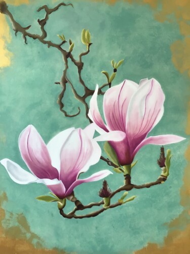 제목이 "Magnolia de Soulang…"인 미술작품 Noëlle Decombe로, 원작, 기름 나무 들것 프레임에 장착됨