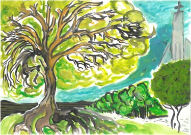 Peinture intitulée "Tree and Church" par Martin Rupp, Œuvre d'art originale, Gouache