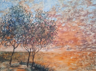 Painting titled "Coucher de soleil s…" by Jean-Claude Bemben, Original Artwork, Watercolor
