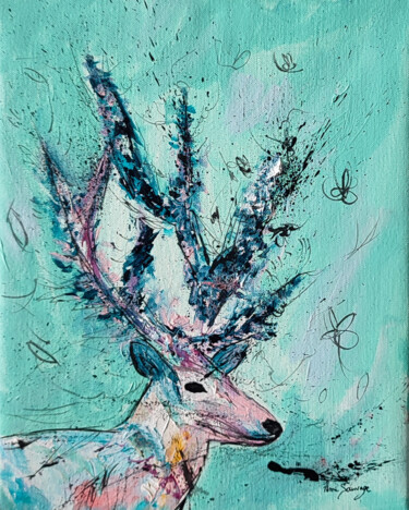 Blue cerf - tableau abstrait tête de cerf Painting titled "Blue cerf - tableau…" by Âme Sauvage, Original Artwork, Acrylic Mounted on Wood Stretcher frame