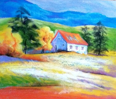 Maison de Montagne, Ariège Pyrénées Occitanie France Schilderij getiteld "Maison de Montagne,…" door Sandrine Lefebvre, Origineel Kunstwerk, Pastel