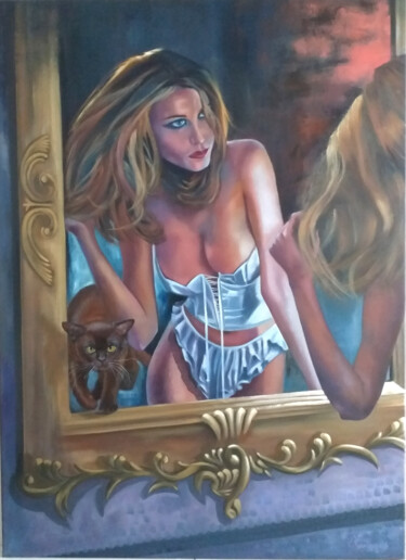 On the other side of the mirror. Painting titled "On the other side o…" by Zina Vysota, Original Artwork, Oil Mounted on Wood Stretcher frame