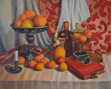 Oranges and playing cards Peinture intitulée "Oranges and playing…" par Sasha Solomon, Œuvre d'art originale, Huile