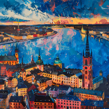 Stockholm Cityscape Painting, Sunset View, Dramatic Light. Arts numériques intitulée "Stockholm Cityscape…" par Alona Vatkina, Œuvre d'art originale, Acrylique