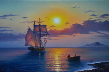Seascape,canvas oil painting wave and sun,ocean ,sunrise,sea 제목이 "Seascape,canvas oil…"인 미술작품 Serhii Stoev로, 원작, 기름