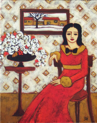 Woman with Winter Landscape II Painting titled "Woman with Winter L…" by Karen Rieger, Original Artwork, Oil Mounted on Wood Stretcher frame