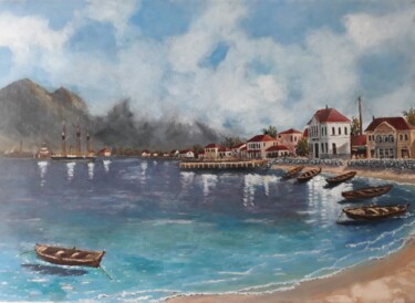 Boats on the beach Painting titled "Boats on the beach" by Giorgos Nicolaou (Gncl), Original Artwork, Oil Mounted on Wood Stretcher frame