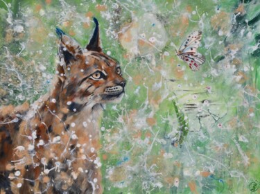 Un moment – lynx et papillon apollo 绘画 标题为“Un moment – lynx et…” 由Tina-Renae, 原创艺术品, 丙烯 安装在木质担架架上