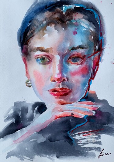 Painting titled "Portrait of strange…" by Oxana Luky, Original Artwork, Watercolor