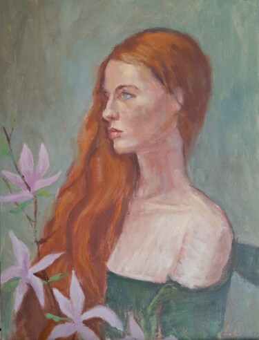 绘画 标题为“Woman with Magnolias” 由Liudmyla Lelechenko, 原创艺术品, 油