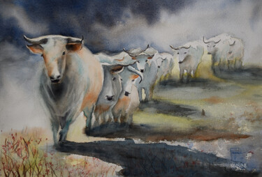 Peinture intitulée "Le troupeau" par Michelle Thébault (Farane), Œuvre d'art originale, Aquarelle
